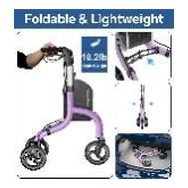 3-wheel walker for seniors, Lightweight foldable aluminum, Height adjustable - purple