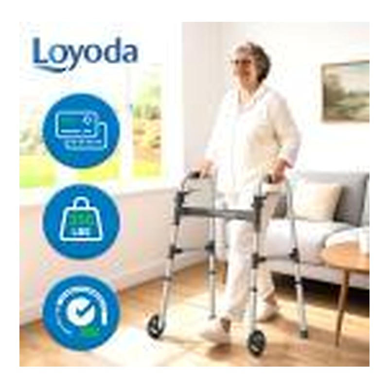 Loyoda folding walker with 2 skis and 5" wheels, Lightweight, 350#, Adjustable height