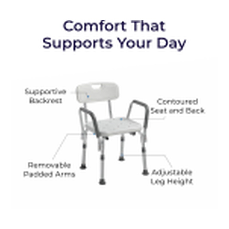 Drive medical shower chair with back and padded arms, Adjustable height, 350#